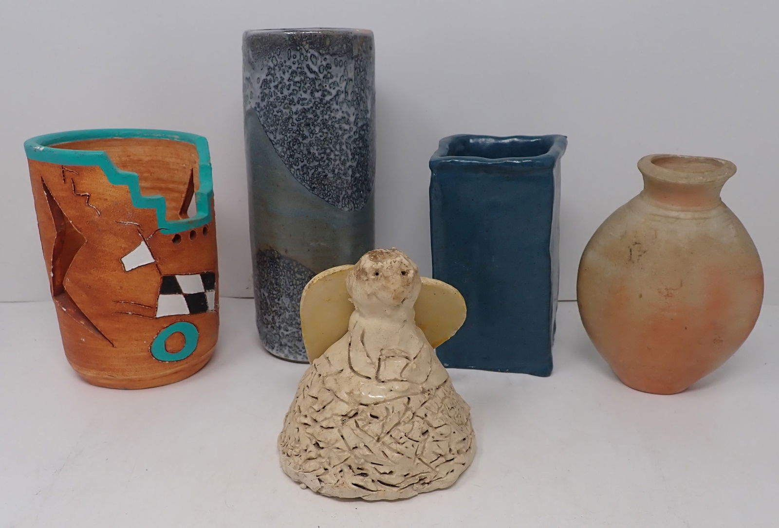 Pottery Vases, Bottle, & Scarlett Angel: Tallest is apprx 3 1/8" in diameter and 8 1/2" tall. Shipping available ($20 handling charge, plus postage)