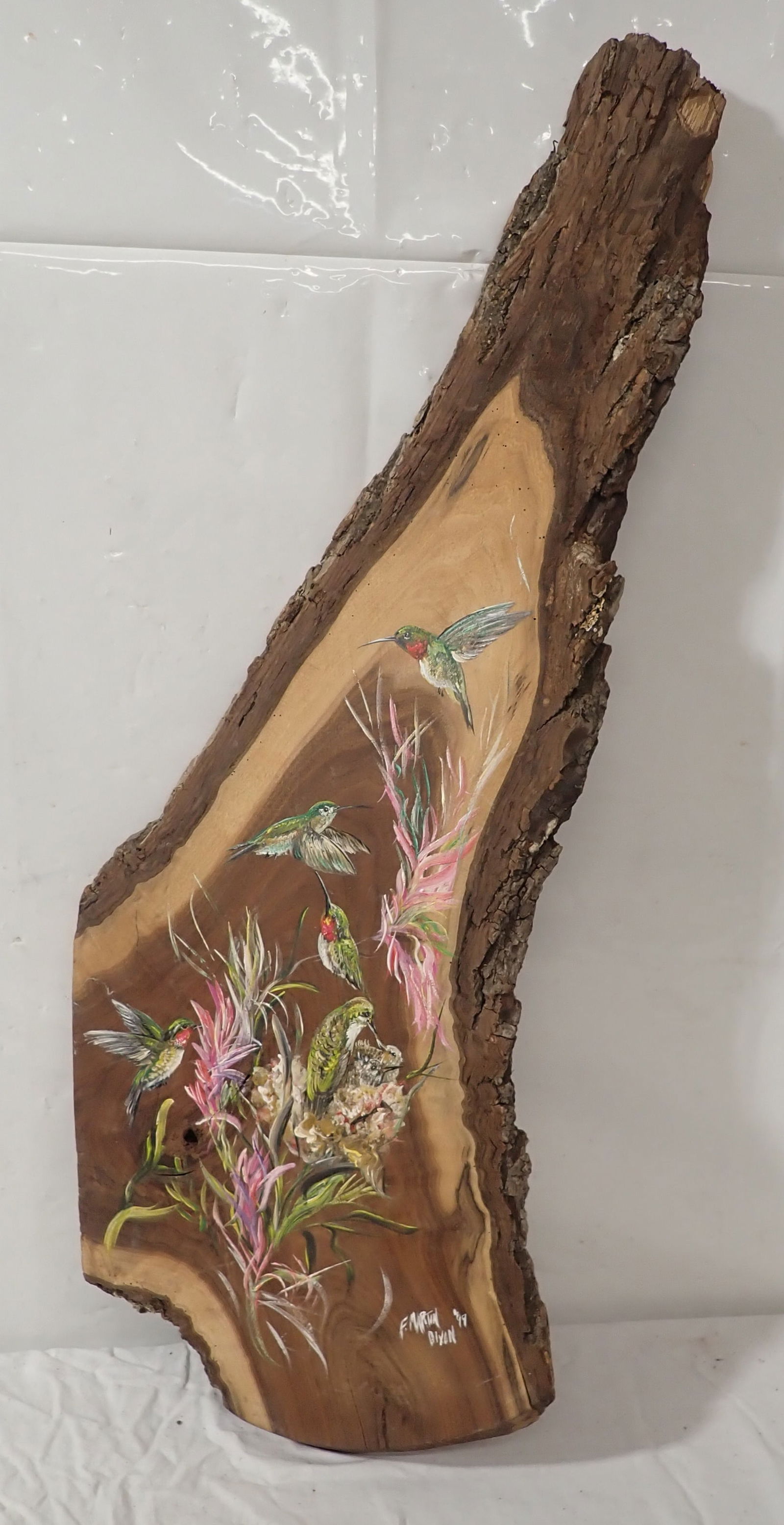 F. Martin Dixon Hummingbird Painting on Natural Edge Board: Painting on natural edge board - Apprx 13" x 30". Shipping available ($20 handling charge, plus postage)