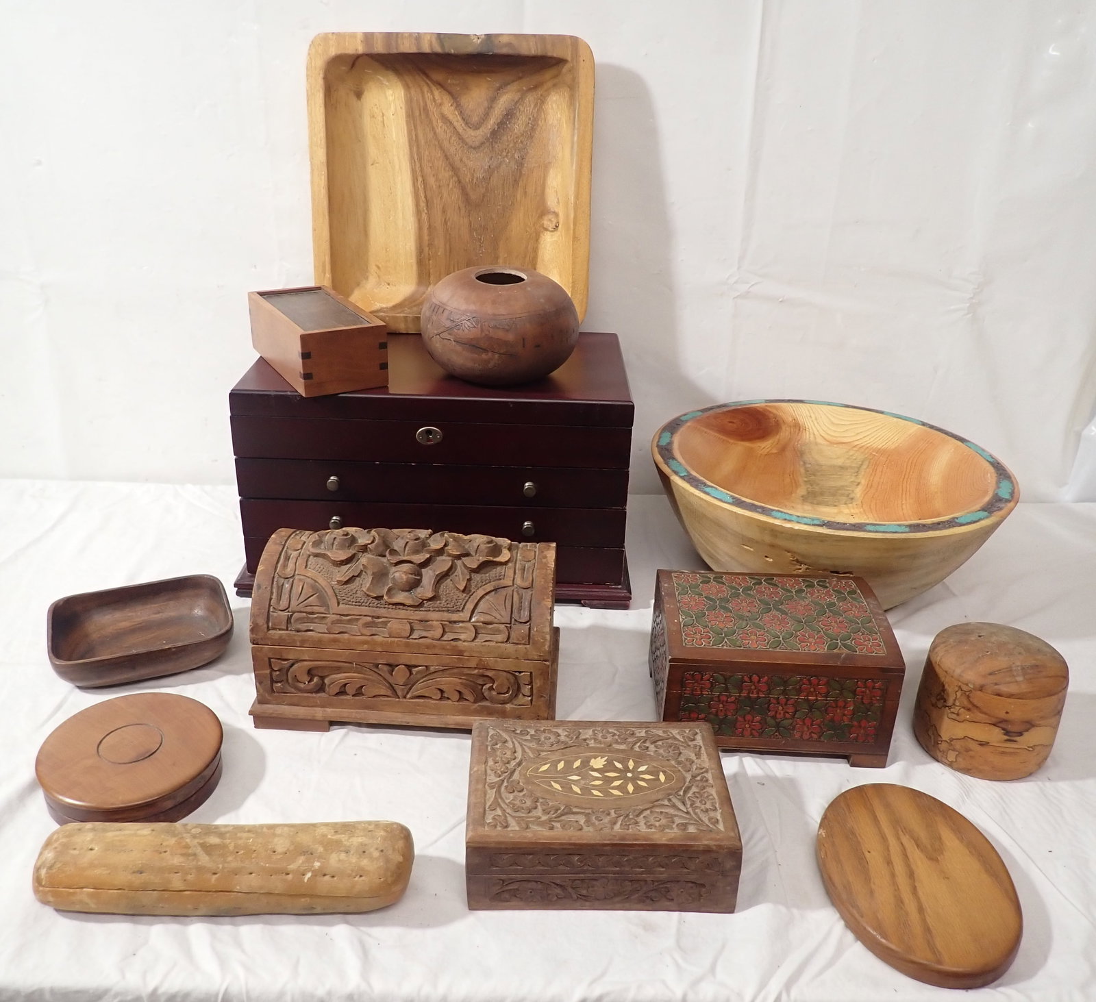 Jewelry Boxes , Wooden Bowl, Tray , & Misc: Bowl is apprx 14" in diameter and 5 1/4" tall. No in house shipping !