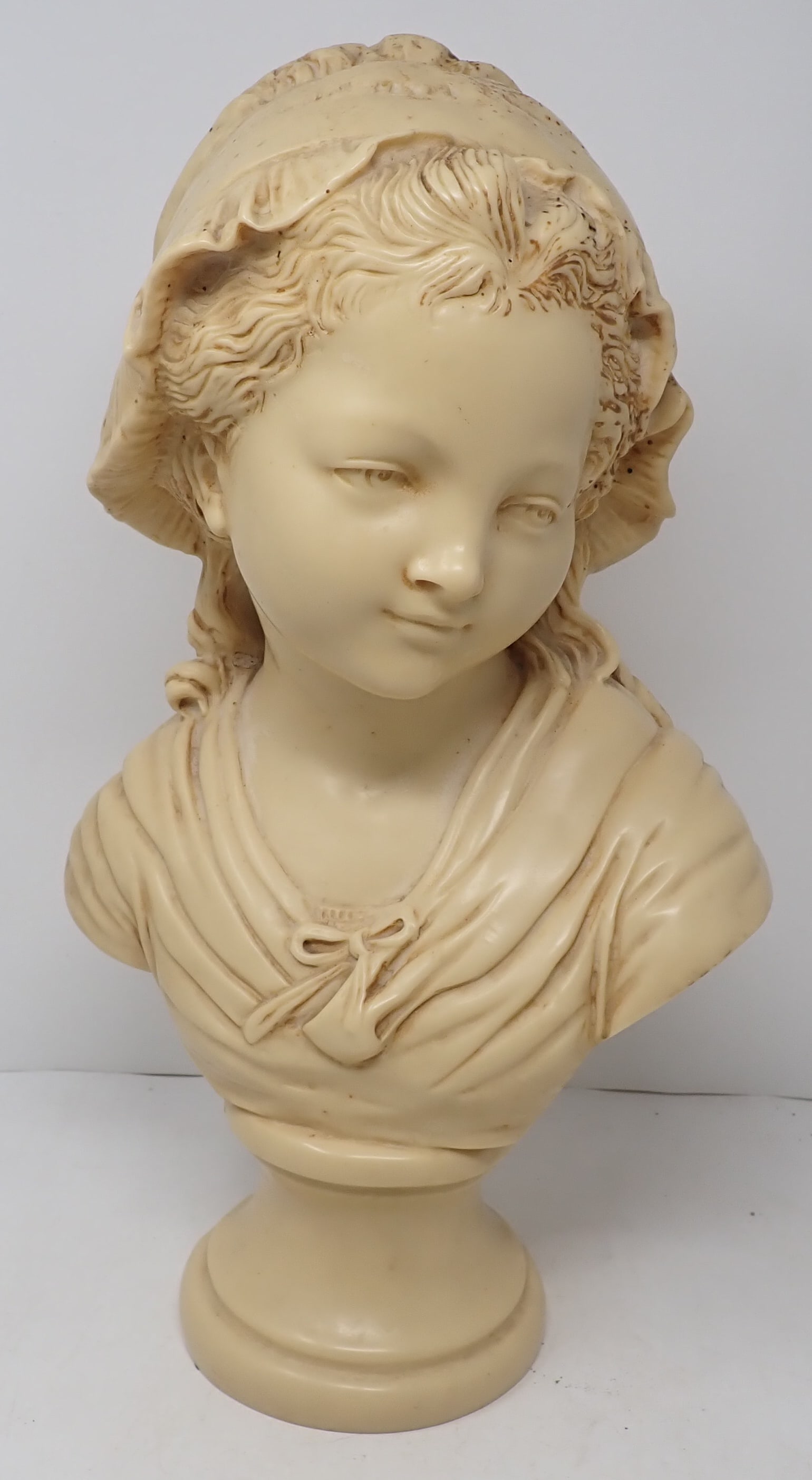 Resin Bust Sculpture of Girl w/ Bonnet: Approx 18" tall. Shipping available ($20 handling charge, plus postage)