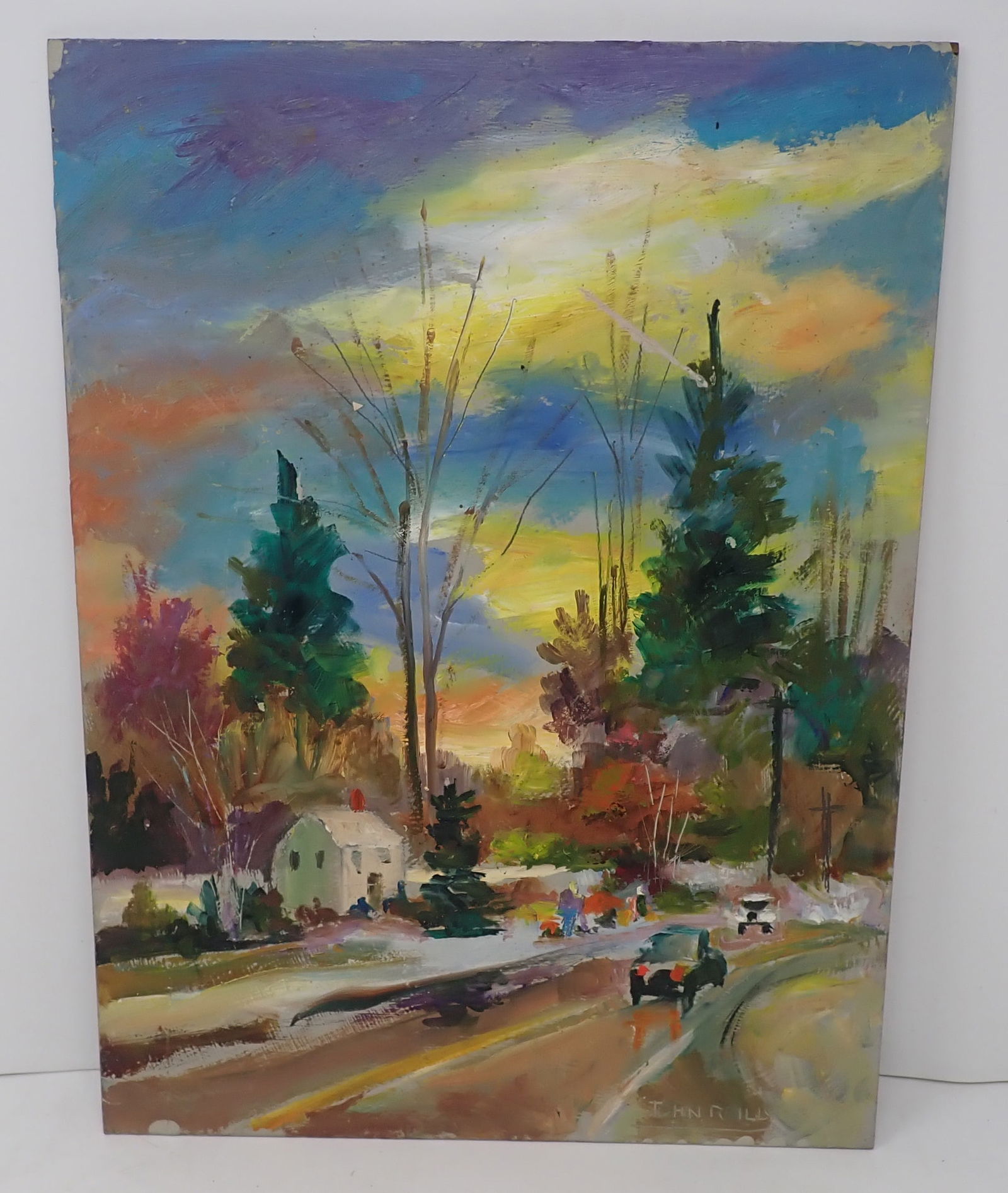 Double Sided John Reilly Oil on Board Painting: Signed Painting - Back side is not finished and has photos & paper applied. Approx 12" x 16". Shipping available