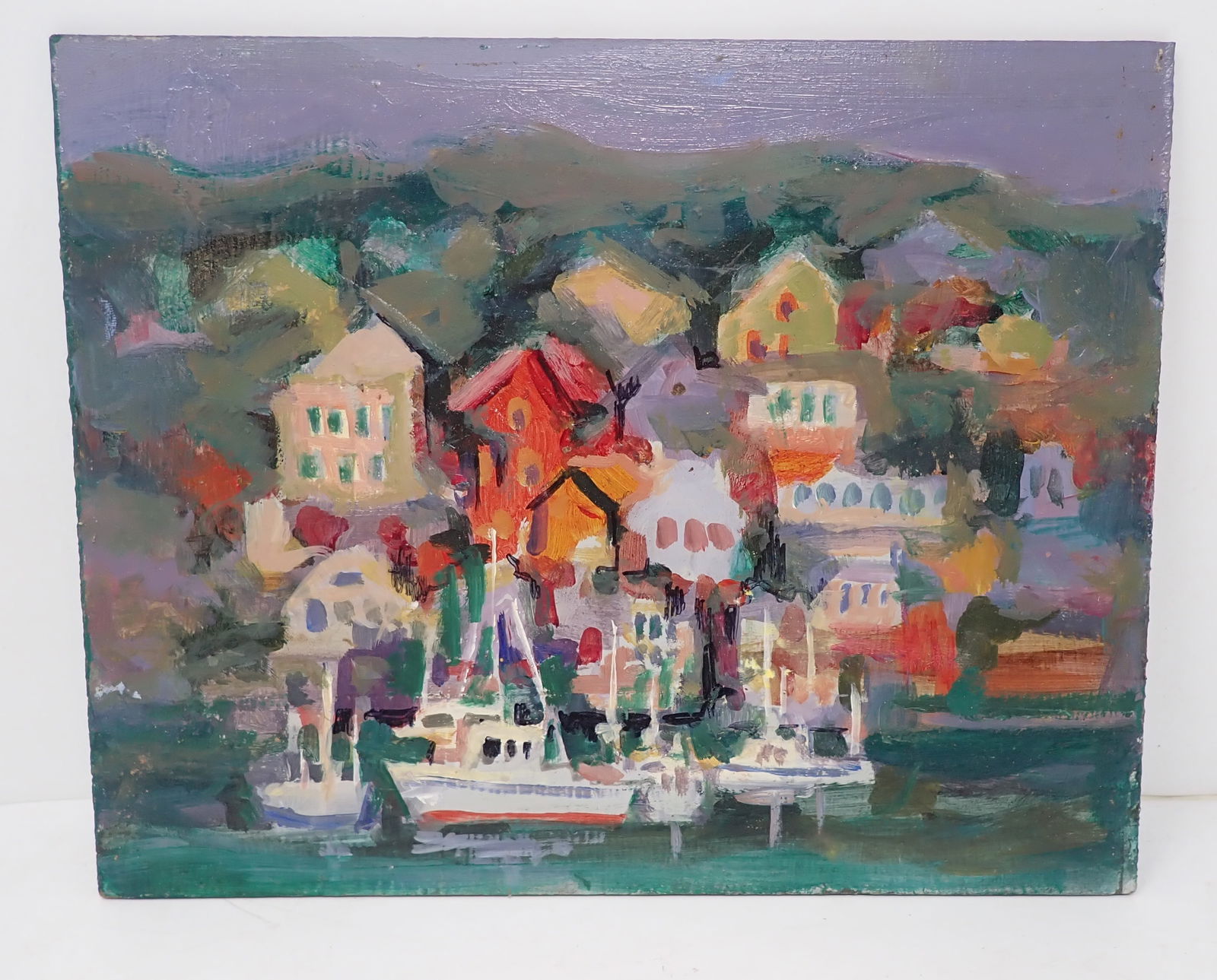 John Reilly Boat Town Oil on Board Painting: Approx 8" x 10"- Painting is not finished. Shipping available