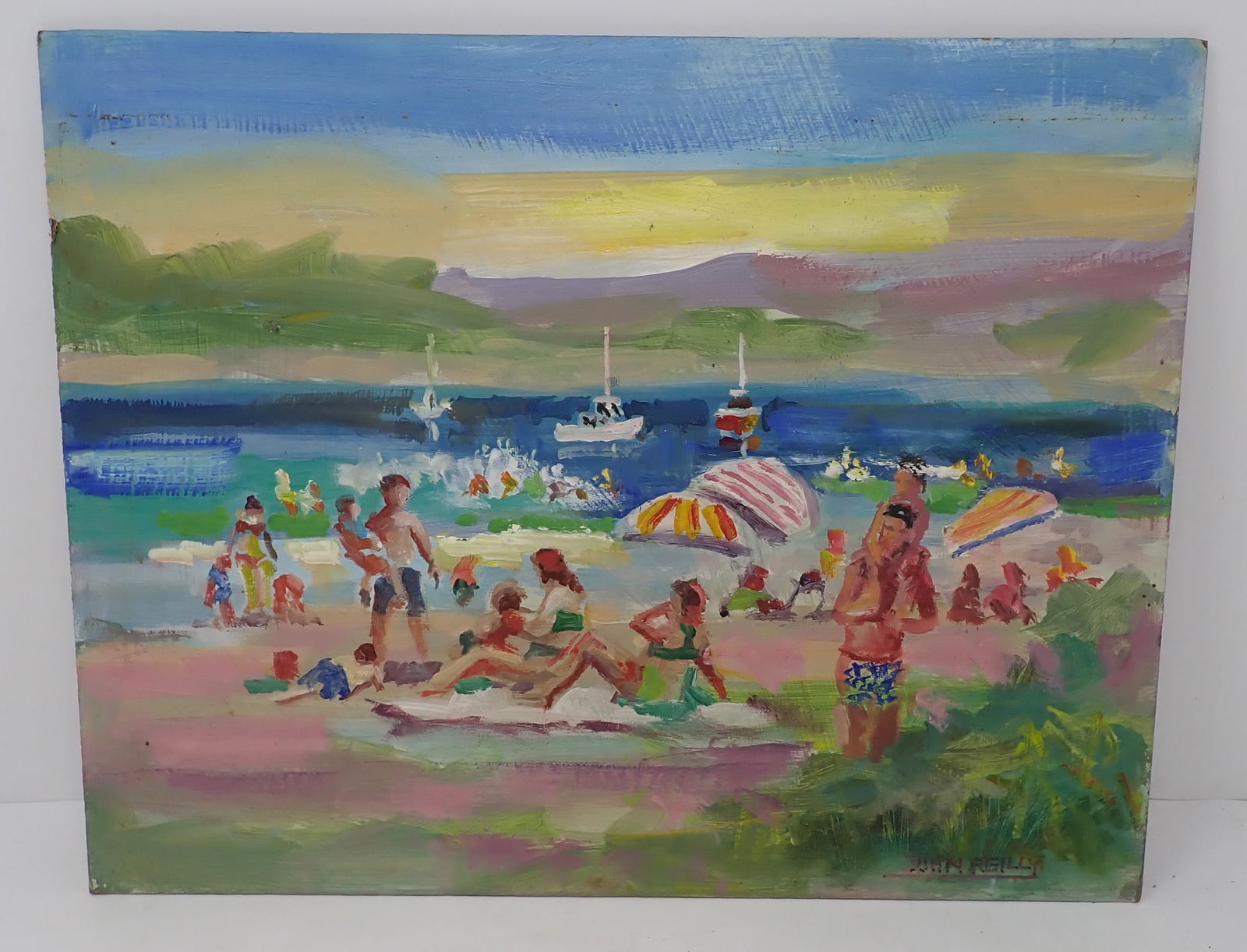 Signed John Reilly Beach Oil on Board Painting: Approx 11" X 14". Shipping available