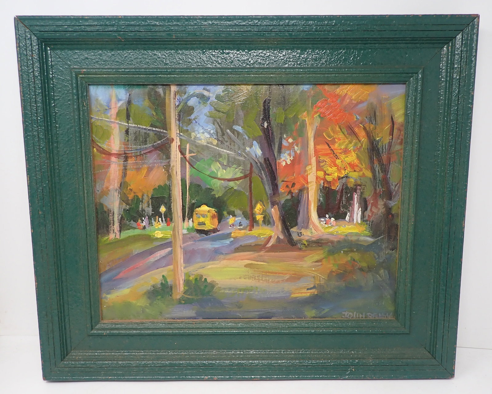 John Reilly Country Rd Bus Stop Oil Painting: Signed oil on board - Approx 15 1/2" x 18 1/2". Shipping available ($20 handling charge plus postage)