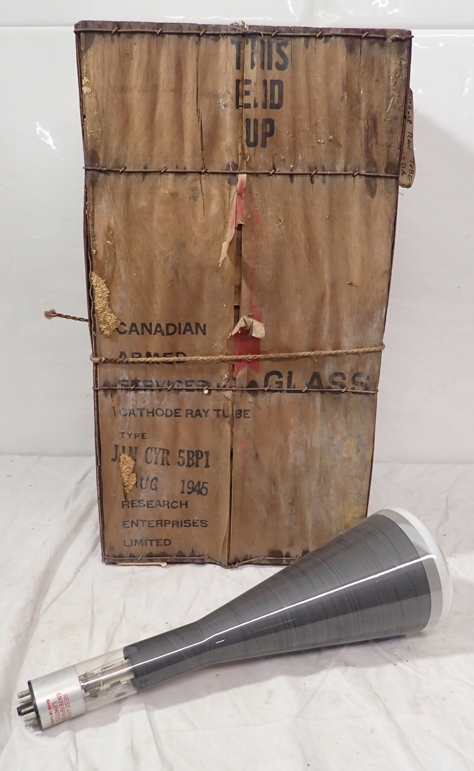 Canadian Armed Services Cathode Ray Tube: Manufactured by Research Enterprises Limited . Numbers on tube are 5BP1 , 27-2494 . Tube is approx 5" in diameter and 16 1/2" long. Shipping available ($45 handling charge, plus postage)