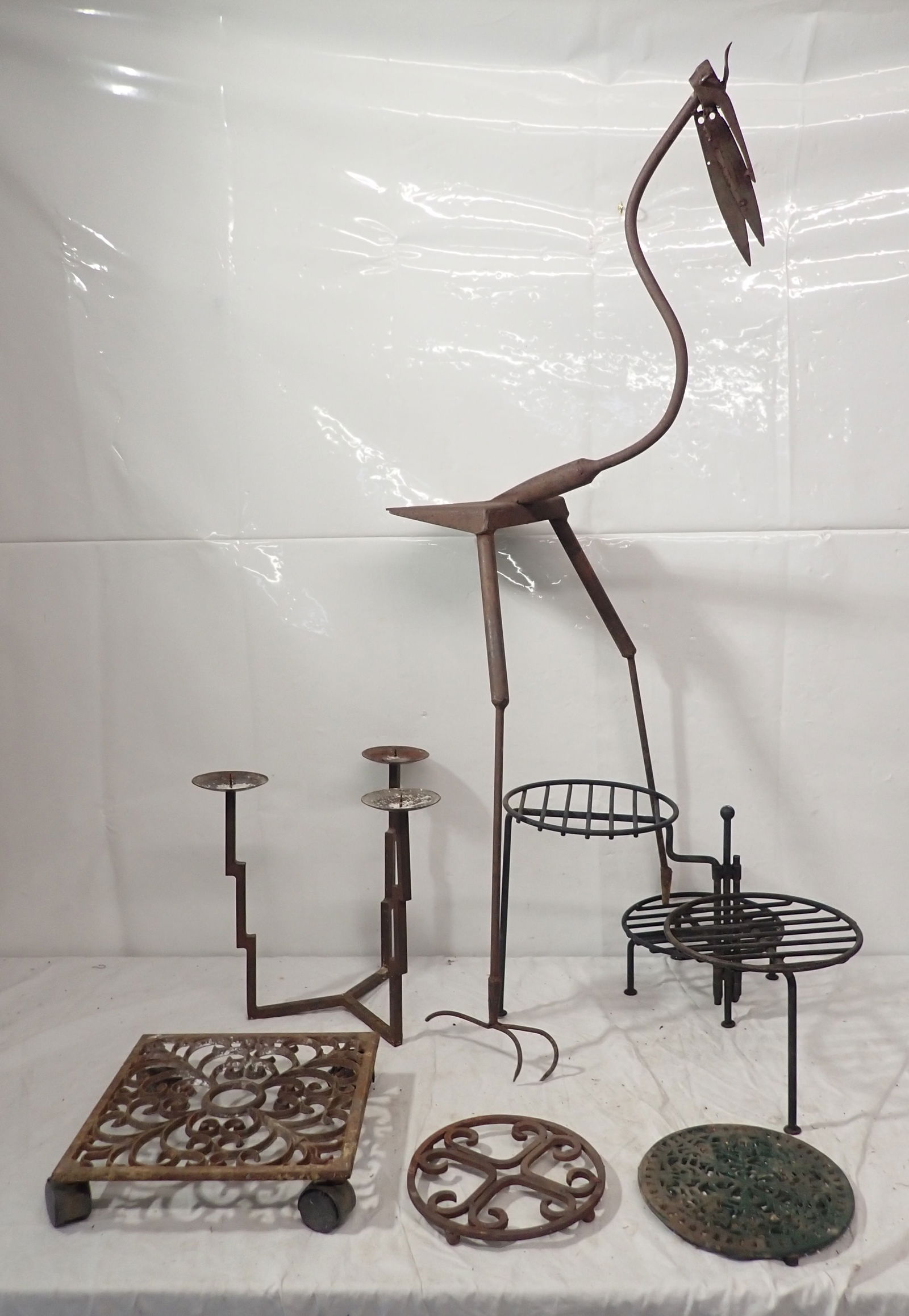 Iron Art Stork, Plant Stand, Candle Holder, Trivets, & Misc: Stork is approx 47" tall. No in house shipping ! Must take all !