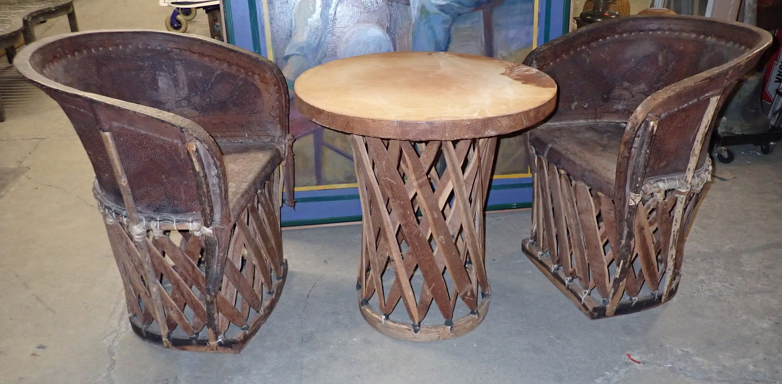 Mexican Leather & Lathe Table , 2 Chairs w/ Childs Bench: Table is apprx 27 1/2" in diameter and 29" tall. NO In house shipping !