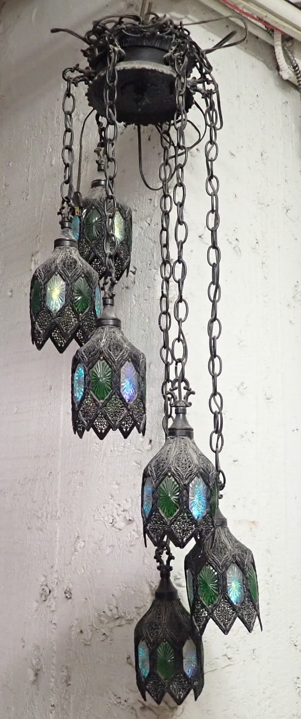 Pair of Mid Century Modern Jeweled Chandeliers: Approx 44 3/4" long. Shades are approx 4 1/4" in diameter. No in house shipping !