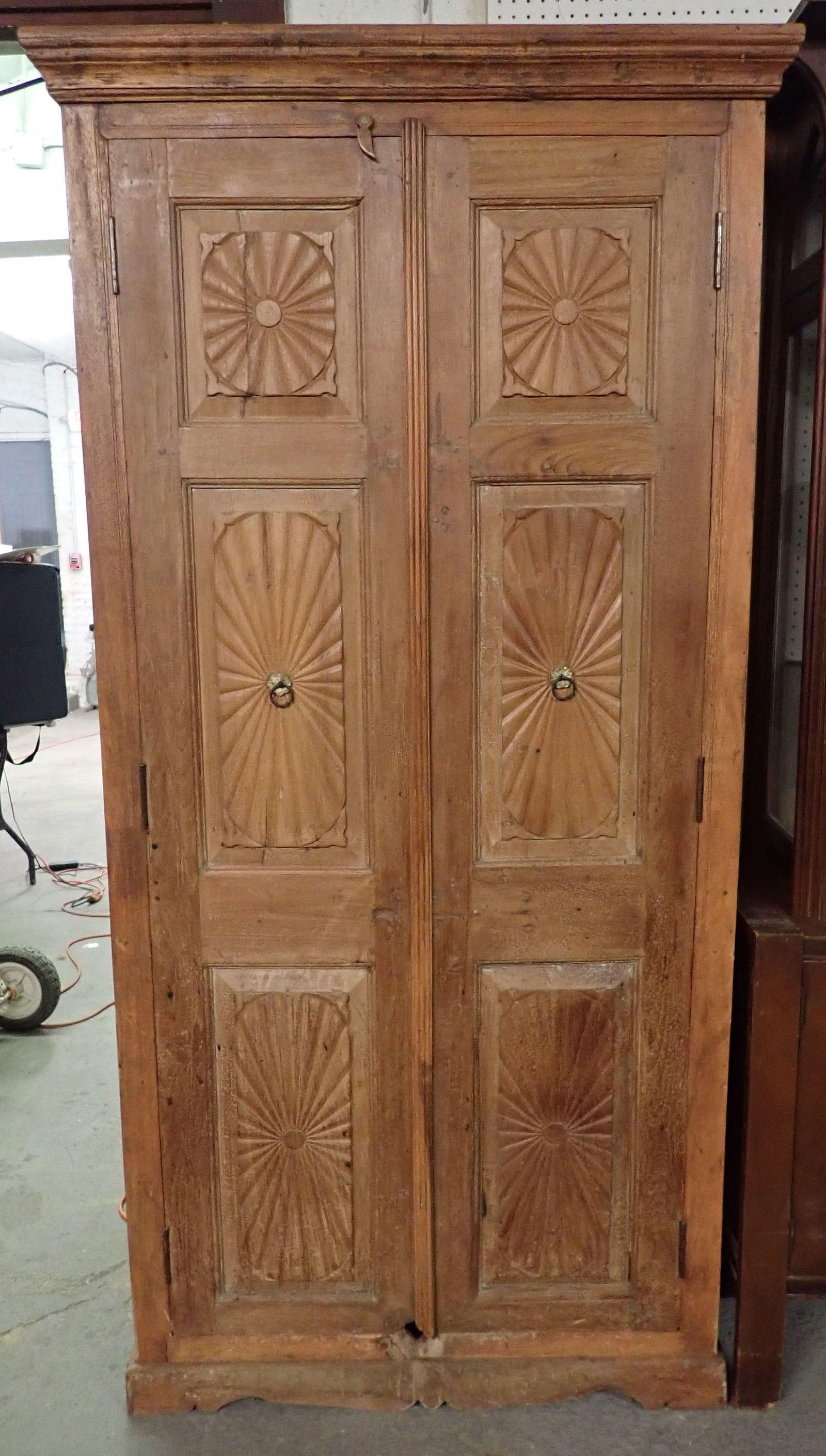2 Door Cupboard w/ Raised & Carved Panels: Apprx 18" x 41 1/4" x 82 3/4" tall. No in house shipping ! Bring help to load !