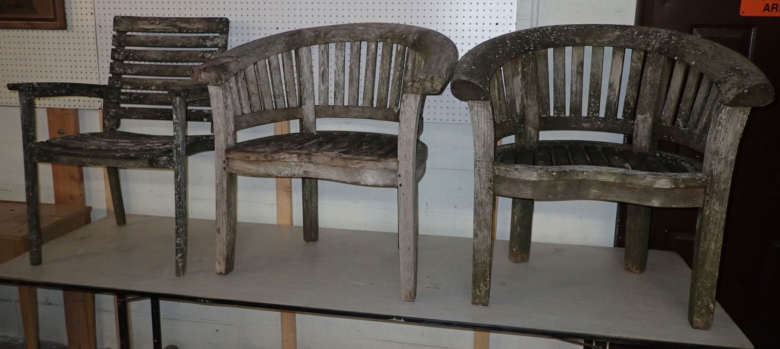 Teak Patio Chairs incl Tropical: Pair of Teak Tropical chairs are apprx 33 1/4" wide, 17 3/4" to seat, 19 1/2" deep, and 34 1/2" tall. No in house shipping !