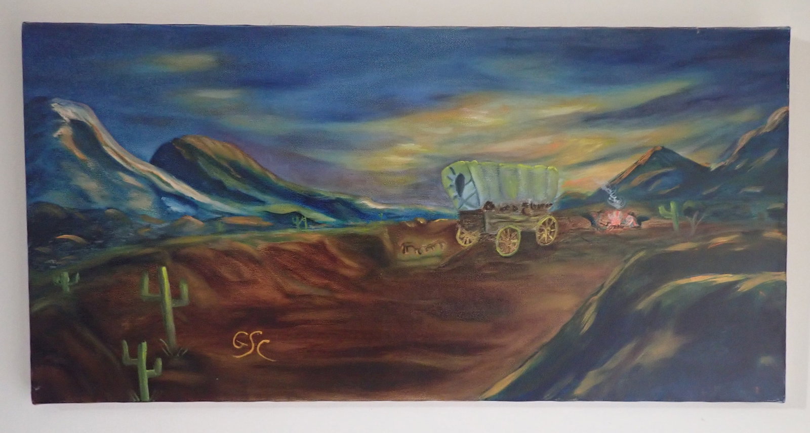 Glenda Sue Campbell Conestoga Wagon Oil Painting: Oil on canvas - Approx 12" x 24". Shipping available