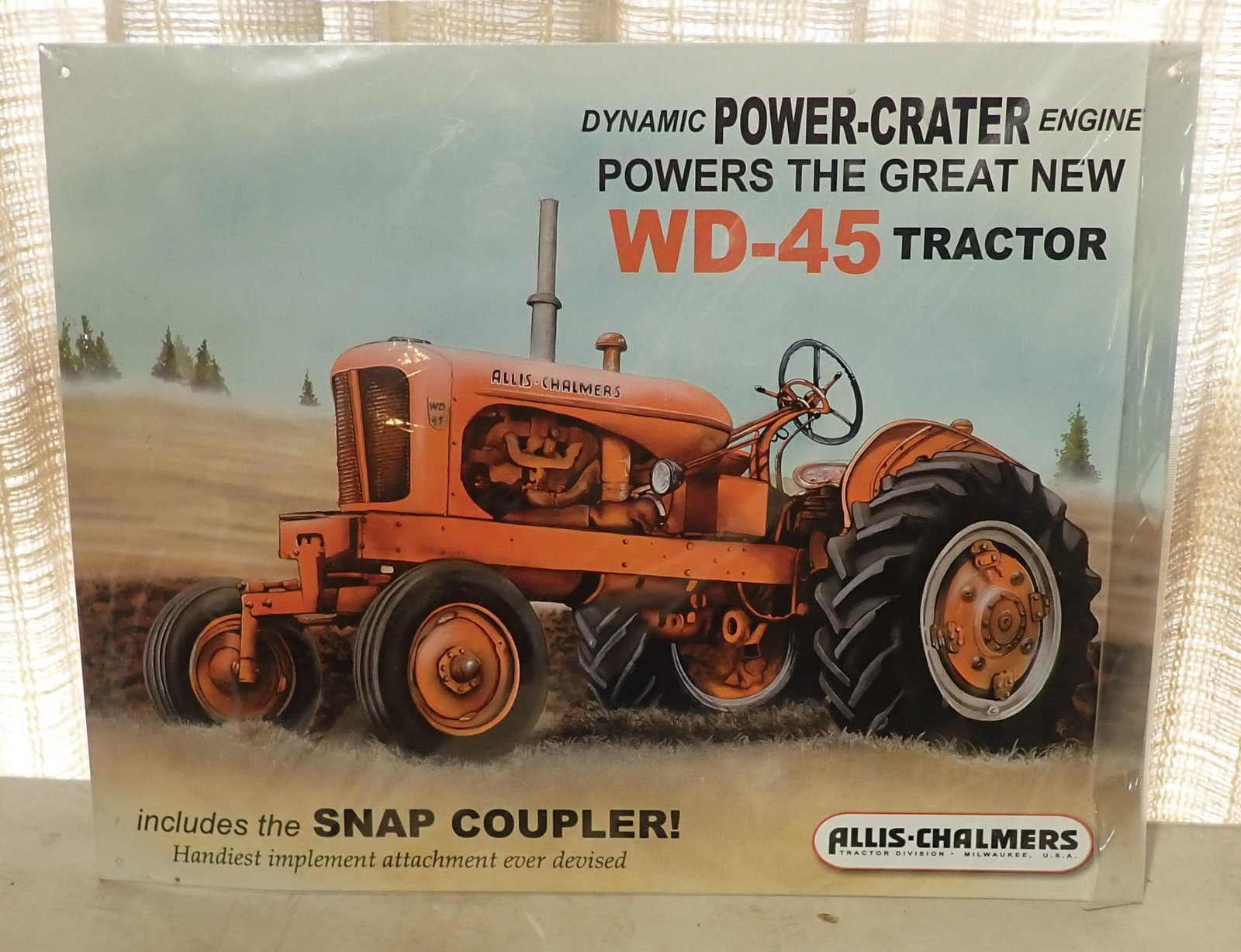 Allis Chalmers WD-45 Tin Sign: Approx 12 1/2" x 16". Shipping available