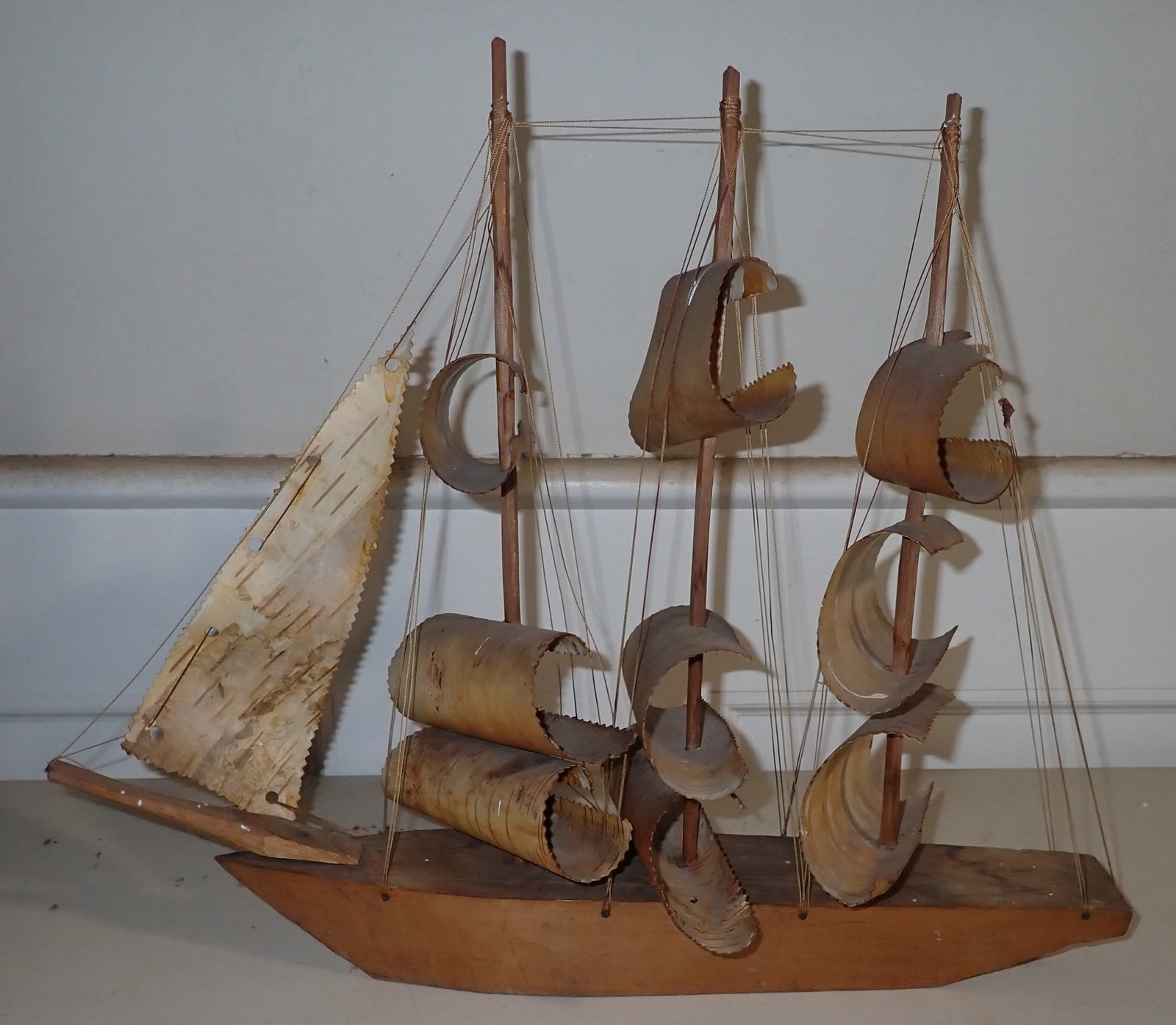 Wooden Clipper Ship w/ Birch Bark Sails: Approx 20 1/2" long and 17" tall. No in house shipping !