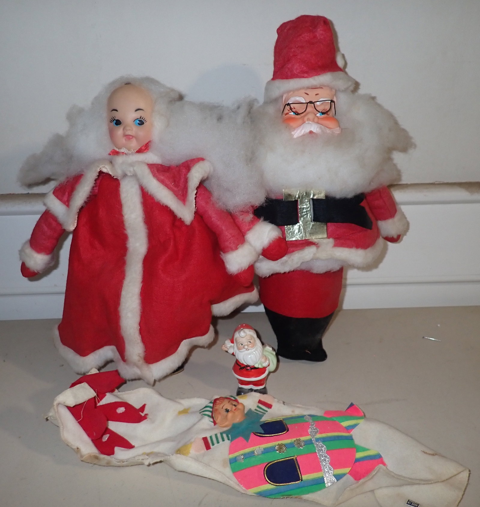 Mr & Mrs Claus , Santa Shaker, & Pixie Stocking: Tallest are approx 15 1/2". Shipping available