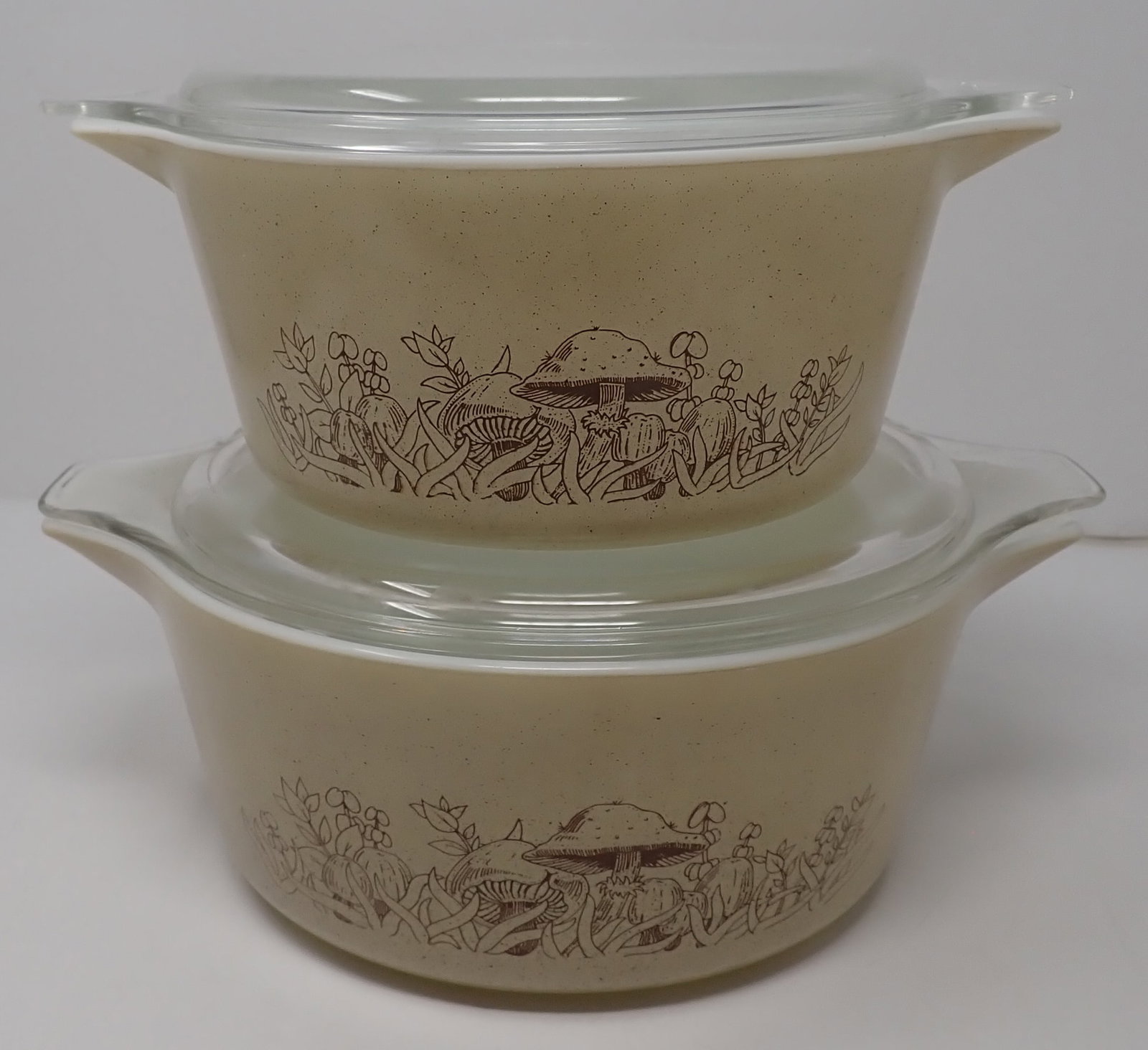 Pyrex Forest Fancies Covered Casseroles: Largest is apprx 8 3/4" in diameter and 4 1/4" tall. Shipping available