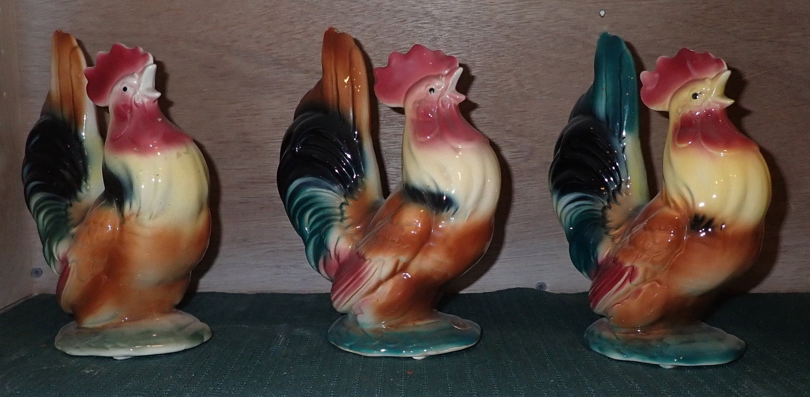 3 Royal Copley Chickens / Roosters: Approx 8 1/4" tall. Middle one still has paper label. Shipping available