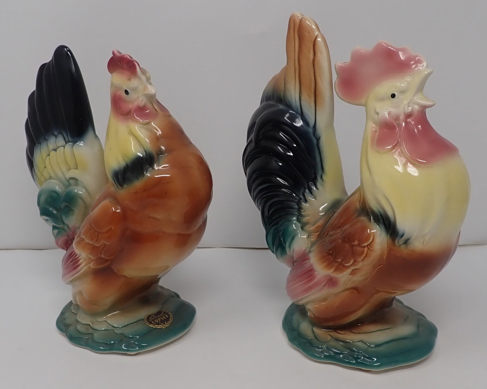 Royal Copley Hen & Rooster: Tallest is approx 8 1/4" in diameter. Hen still has paper label. Shipping available