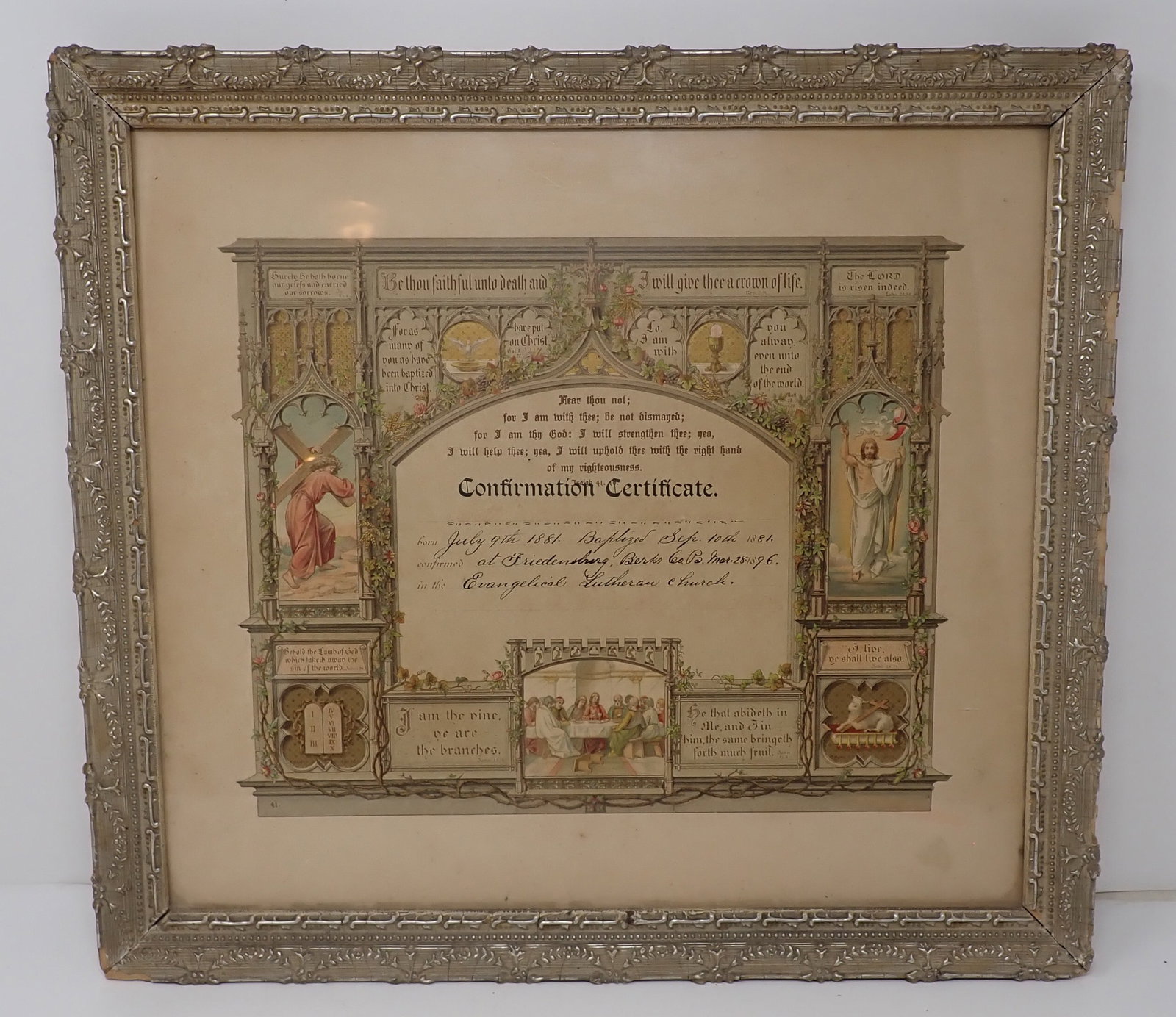 1896 Berks Co. Evangelical Lutheran Church Baptism Certificate: Certificate - Apprx 14 3/4" x 16 1/2". Shipping available ($20 handling charge, plus postage)