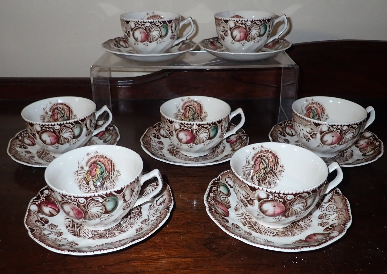 Johnson Bros His Majesty Turkey Cups & Saucers: Shipping available ($20 handling charge, plus postage)