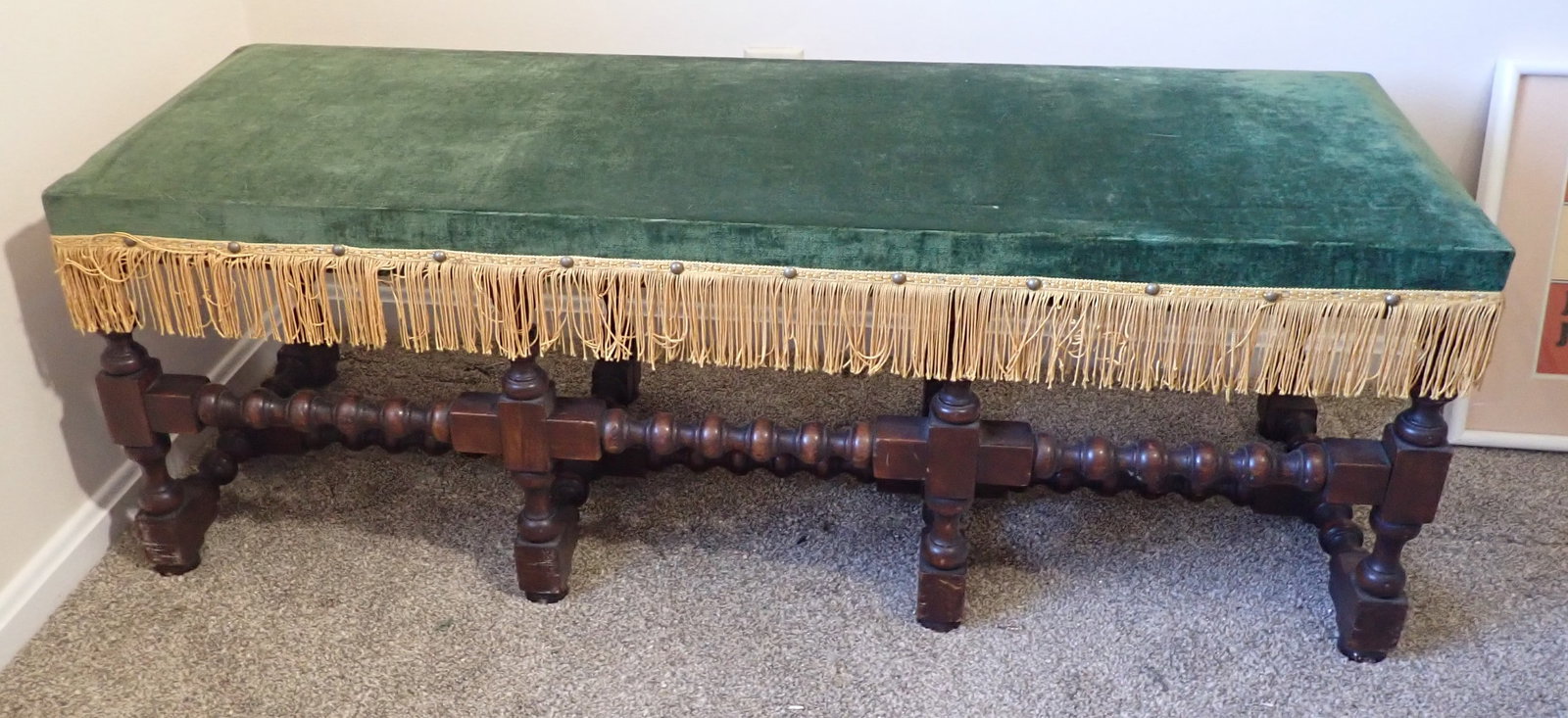 Upholstered Turned Leg European Bench: Apprx 17" x 48" x 17" tall. No in house shipping ! Bring proper help to remove from second floor.