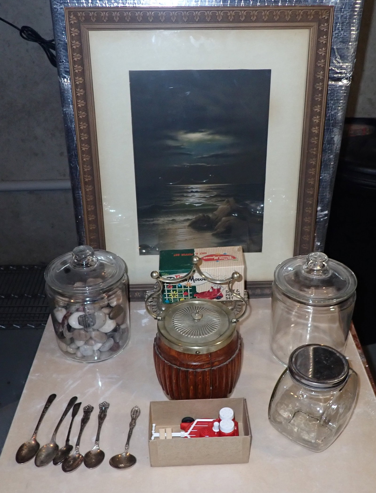 Print, Canisters, Tiny Power Mower Salt & Pepper: Print is apprx 18 1/4" x 22 1/2". Pick up before 1pm. Buyer to remove from basement ! No in house shipping