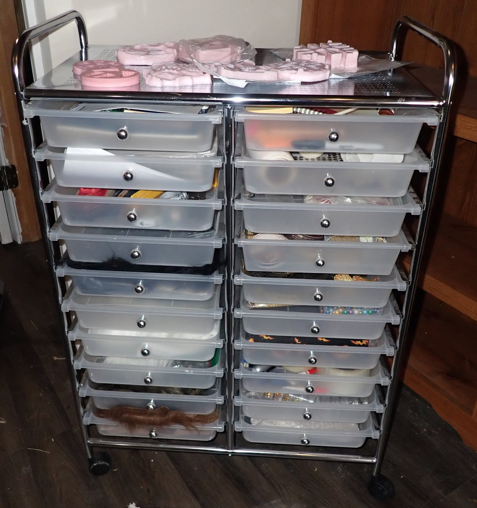 Rolling Cart & Craft Supplies: Cart is approx 14 1/2" x 24 1/2" x 35 3/4" tall. NO in house shipping ! Buyer to remove from basement.