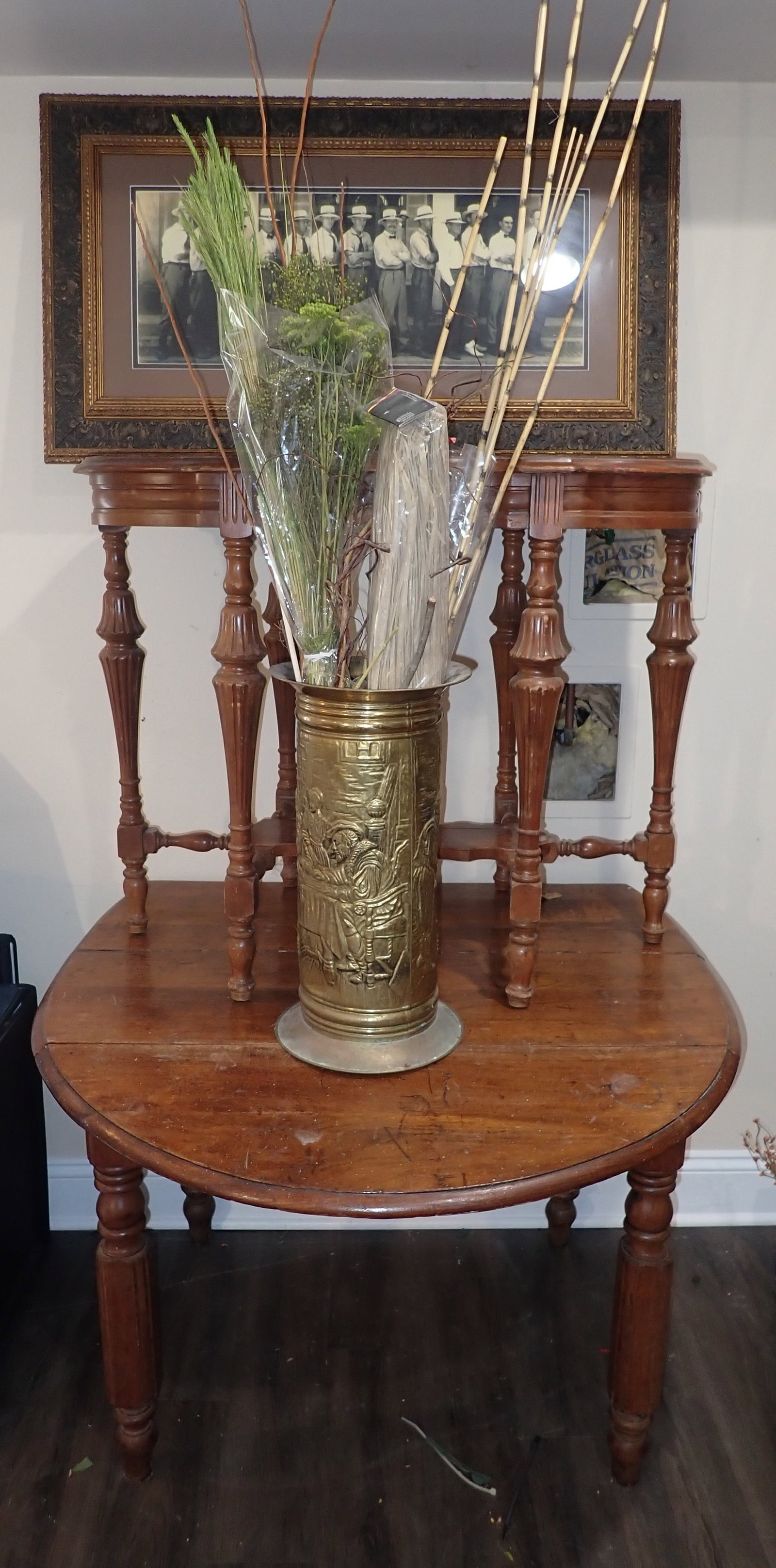 Tables , Umbrella Rack, & Print: Largest table is apprx 26" x 39" x 28" tall ( plus has two 11" drop leaves ). No in house shipping ! Buyer to bring help to remove from basement ! Take what you want and leave the rest .