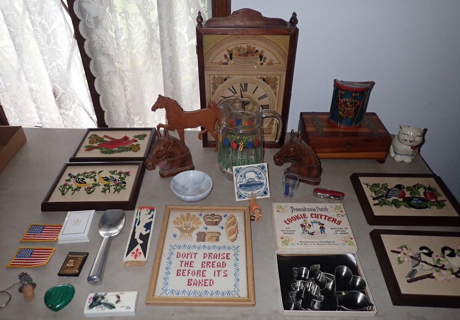 Needlepoints, Water Pitcher, Cat Creamer , & Misc: No in house shipping !