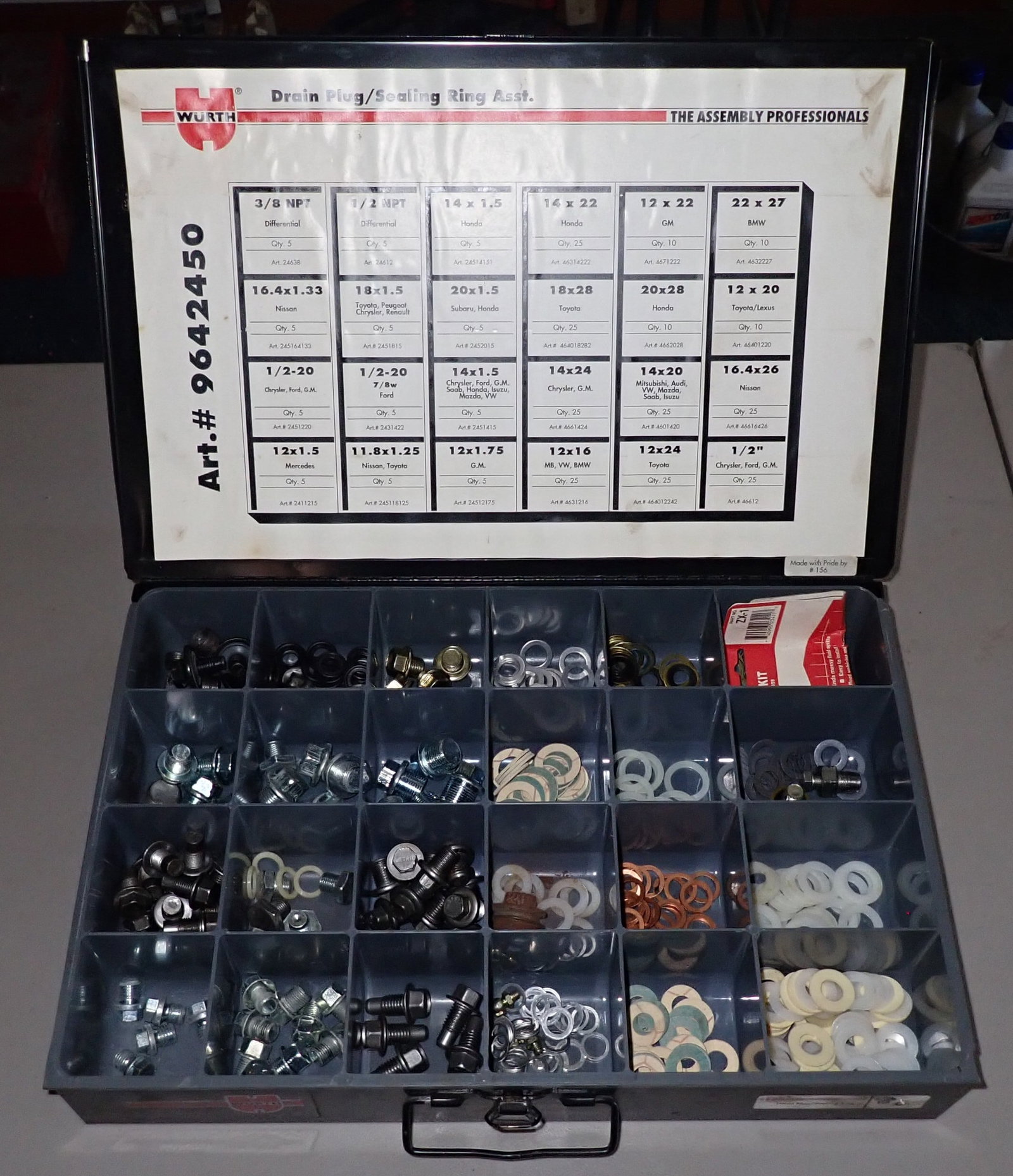 Wurth Drain Plug / Sealing Ring Parts Organizer: Apprx 12 1/4" x 18 1/2" x 3" tall. Shipping available ($20 handling, plus postage)
