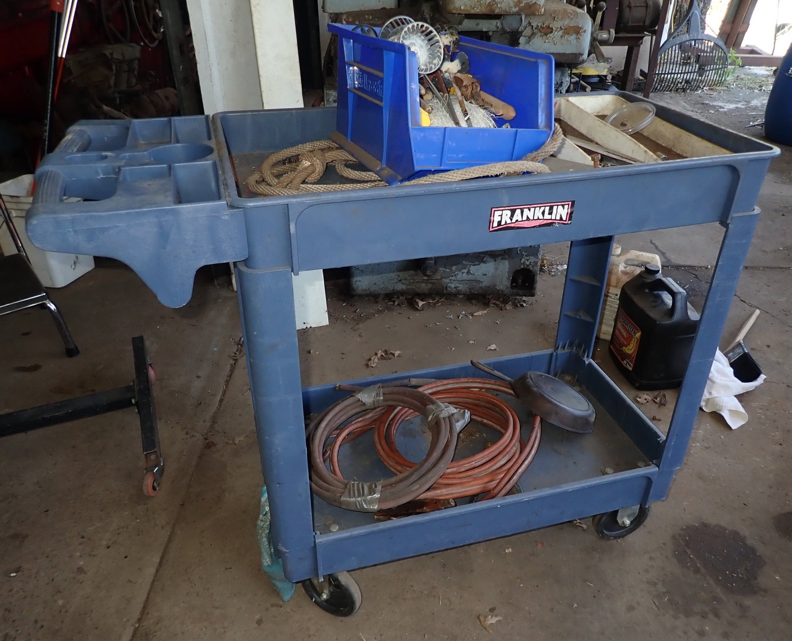 Franklin Rolling Cart, Cast Iron Pan, Paint Brushes, & Misc: Cart is approx 17" x 39 1/2" x 33 1/4" tall. MUST TAKE ALL ! NO in house shipping !