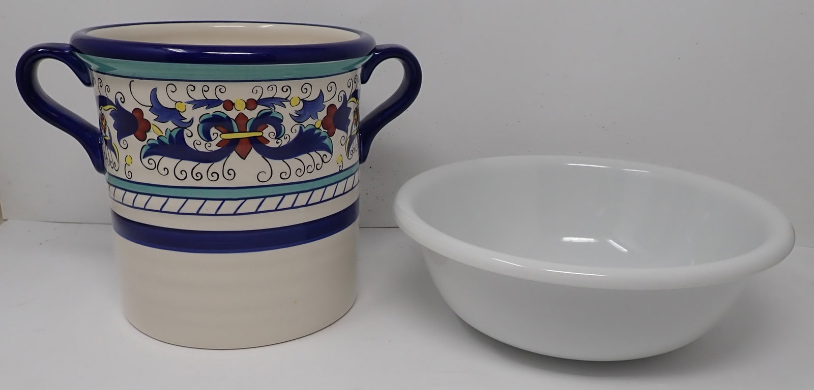 Pier 1 Imports San Marino Utensil Holder & Ikea Bowl: Utensil holder is approx 7 1/8" in diameter and 7 1/8" tall. Shipping available