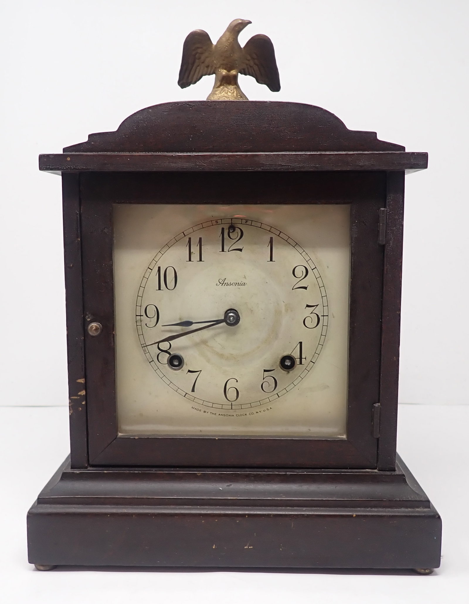 Ansonia Mantel Clock: Approx 5 3/8" x 9 3/8" x 12 1/2" tall. Shipping available ($20 handling charge, plus postage)