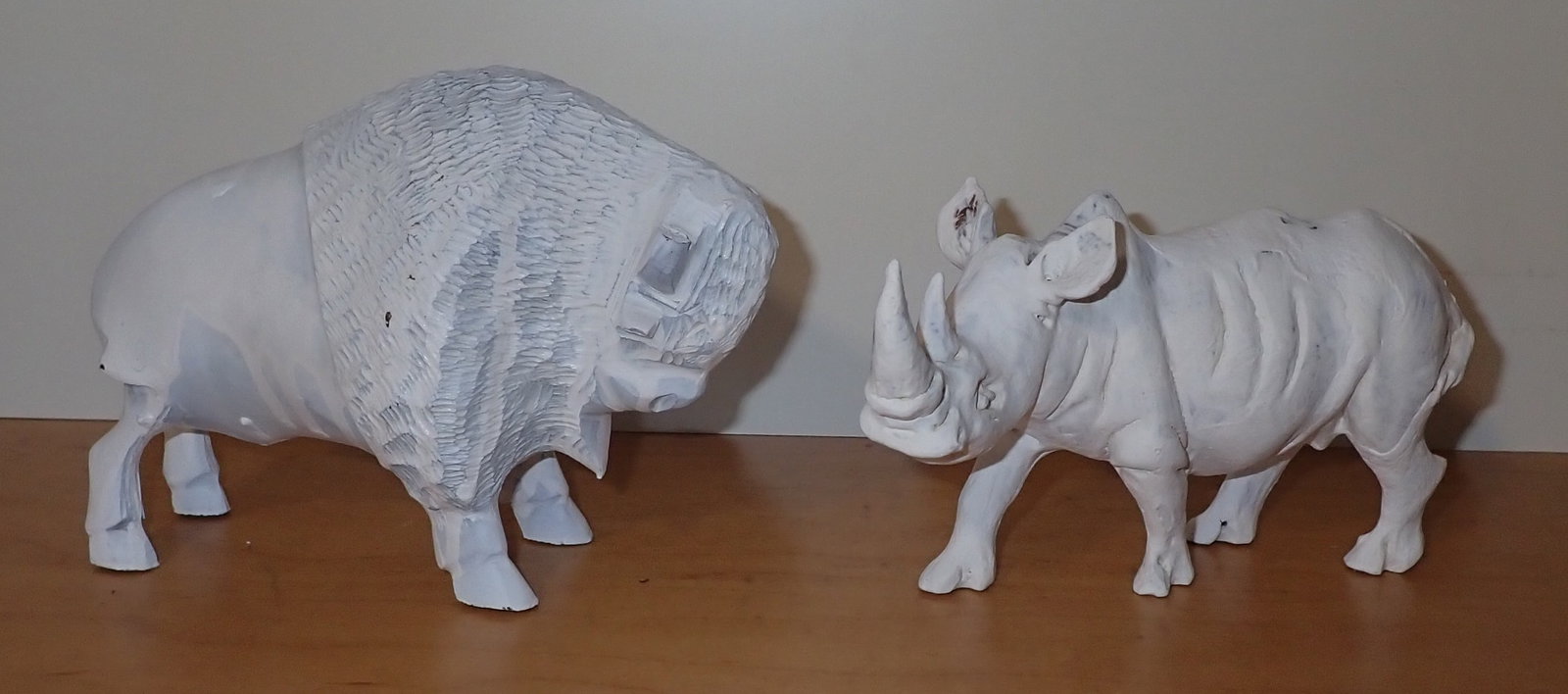 Wooden Buffalo & Rhino: Tallest is approx 6 1/4" long and 4 3/4" tall. Shipping available