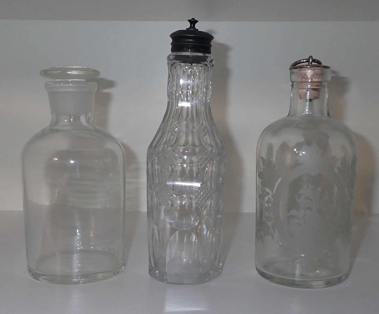Bottles incl Apothecary , Etched Vanity, & Muffineer: Tallest is approx 6 3/4". Shipping available