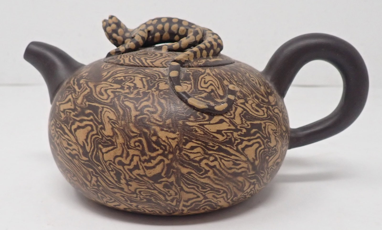 Yixing Lizard Teapot: Approx 4" in diameter and 3 1/4" tall. Shipping available.