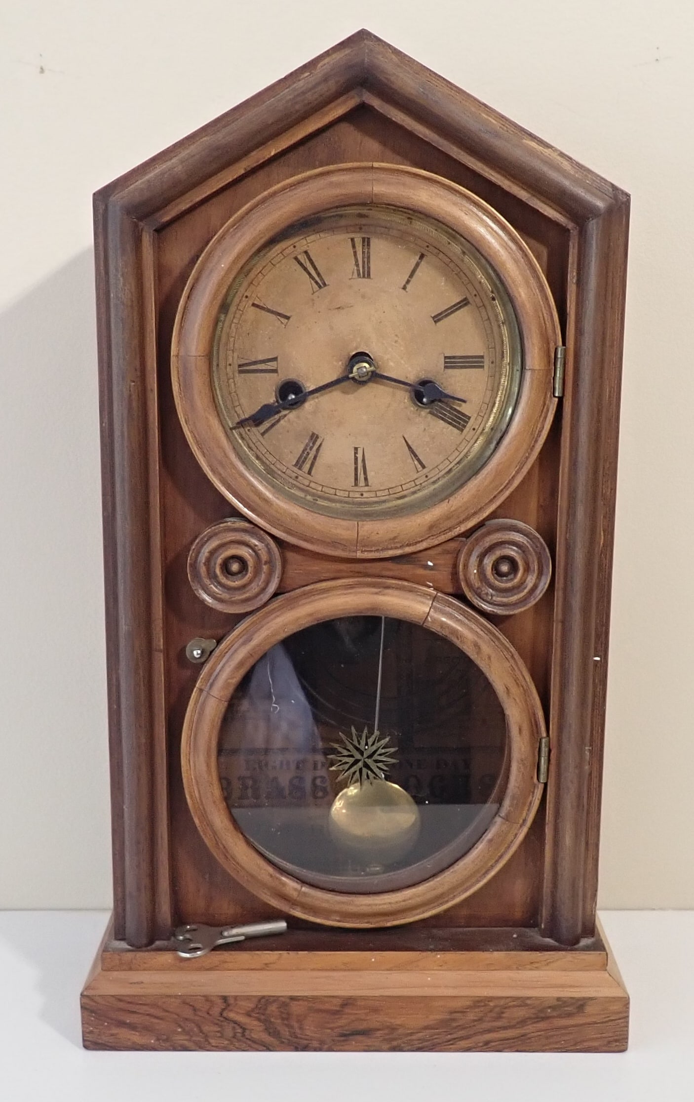 Ingraham Shelf Clock: Approx 4 1/4" x 9" x 16 1/4" tall. Shipping available ($25 handling charge, plus postage).