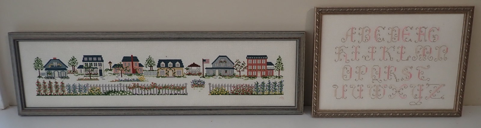 Roberta Bell Sampler & Needlepoint: Wife of Artist Bill Bell. Left one is approx 6 1/2" x 21 1/2" and is initialed. Shipping available ($15 handling charge, plus postage)