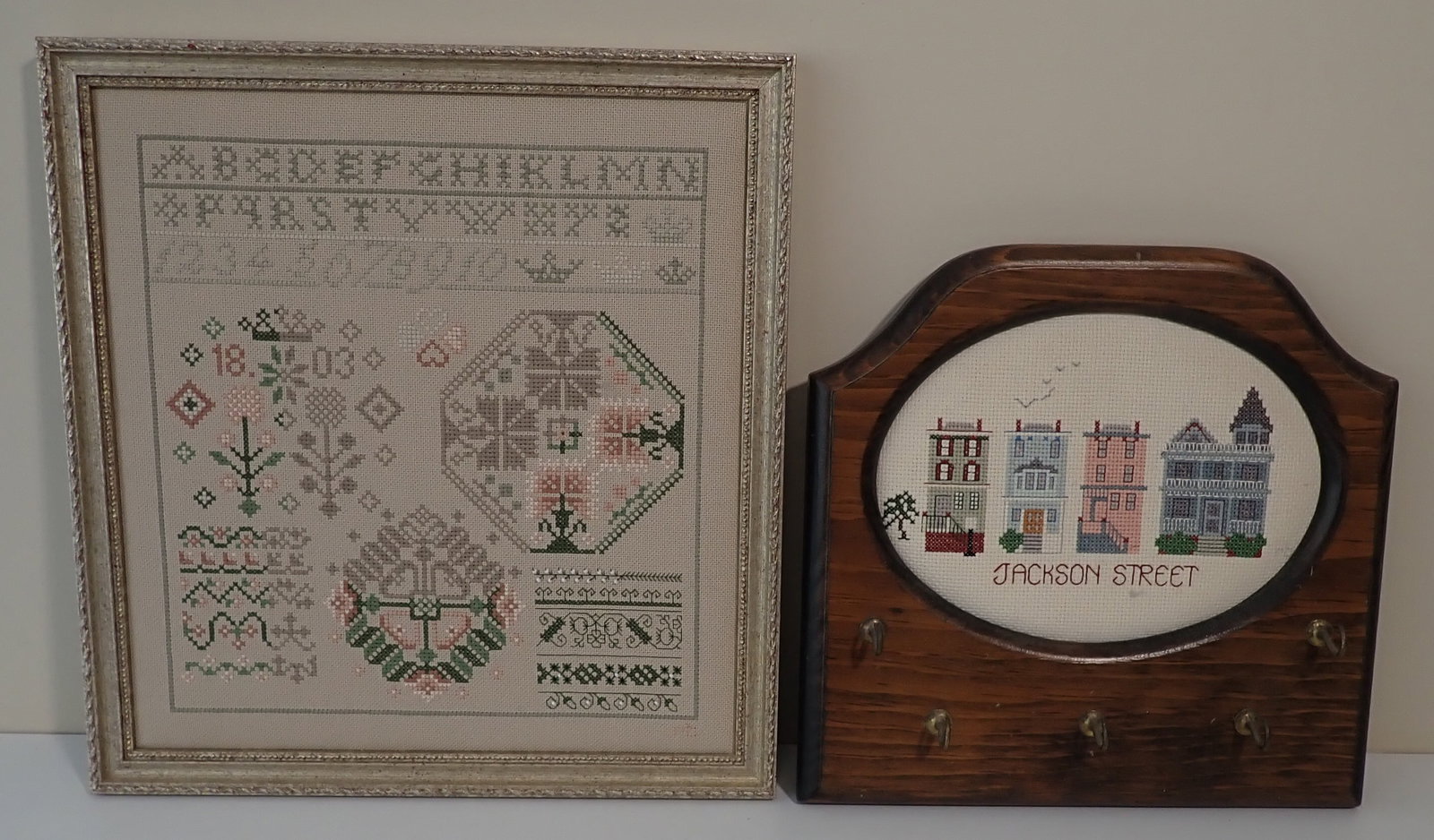 Roberta Bell Sampler & Needlepoint: Wife of Artist Bill Bell. Largest is approx 12 1/2" x 13 1/4" and is initialed. Shipping available ($15 handling charge, plus postage)