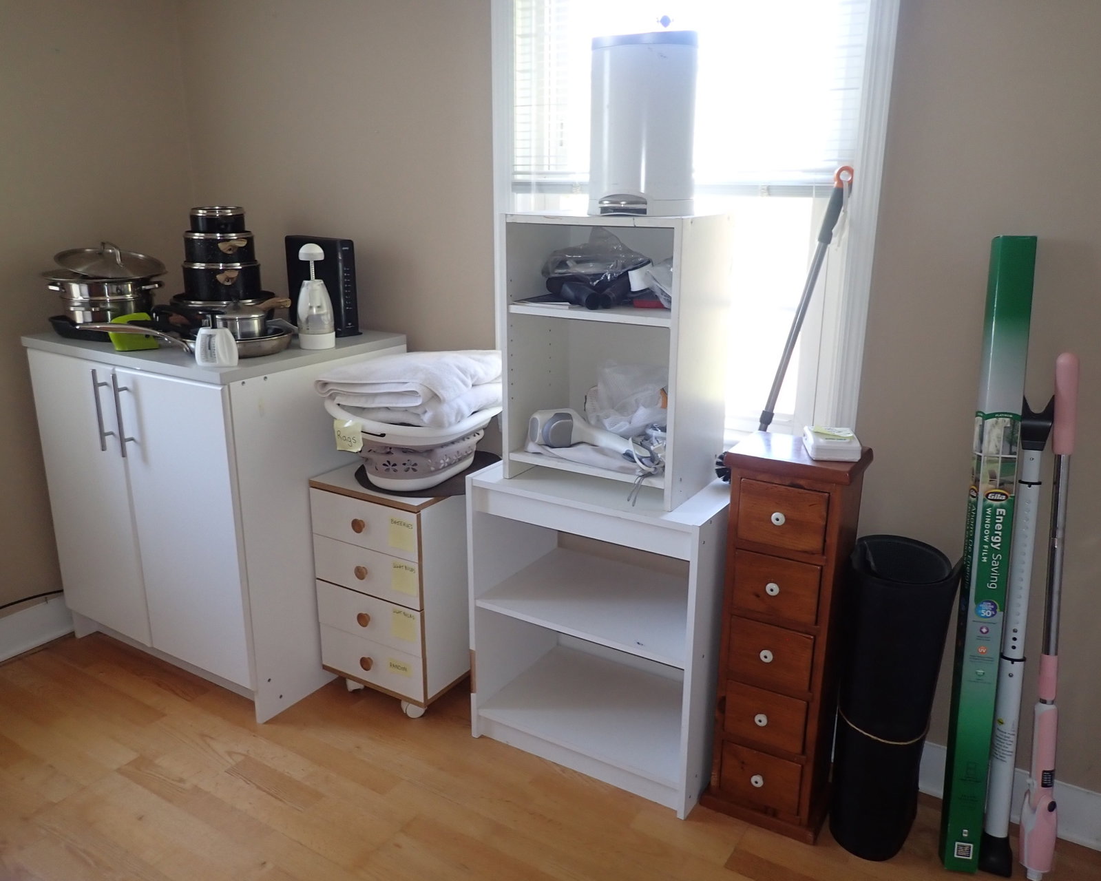 Cabinets, Shelves, Pots, Pans, & Misc: Cabinet on far left is approx 24 5/8" x 32" x 35 7/8" tall. No in house shipping ! Take what you want and leave the rest. Do not slide anything across the floor !
