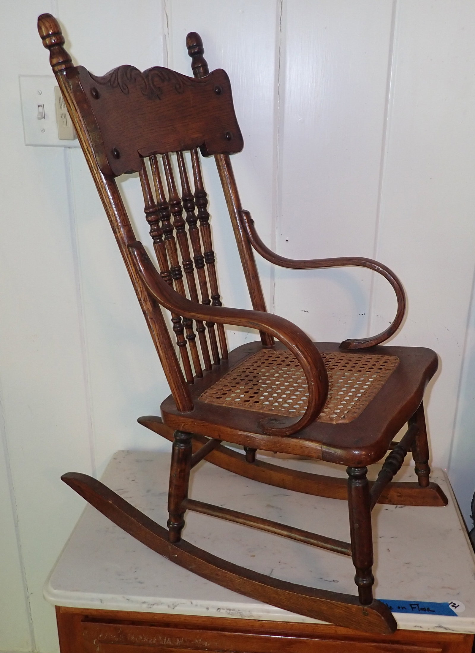 Childs Cane Seat Rocker: Apprx 14 1/2" wide, 12 1/2" to seat, 13" deep, 30" tall. No in house shipping !