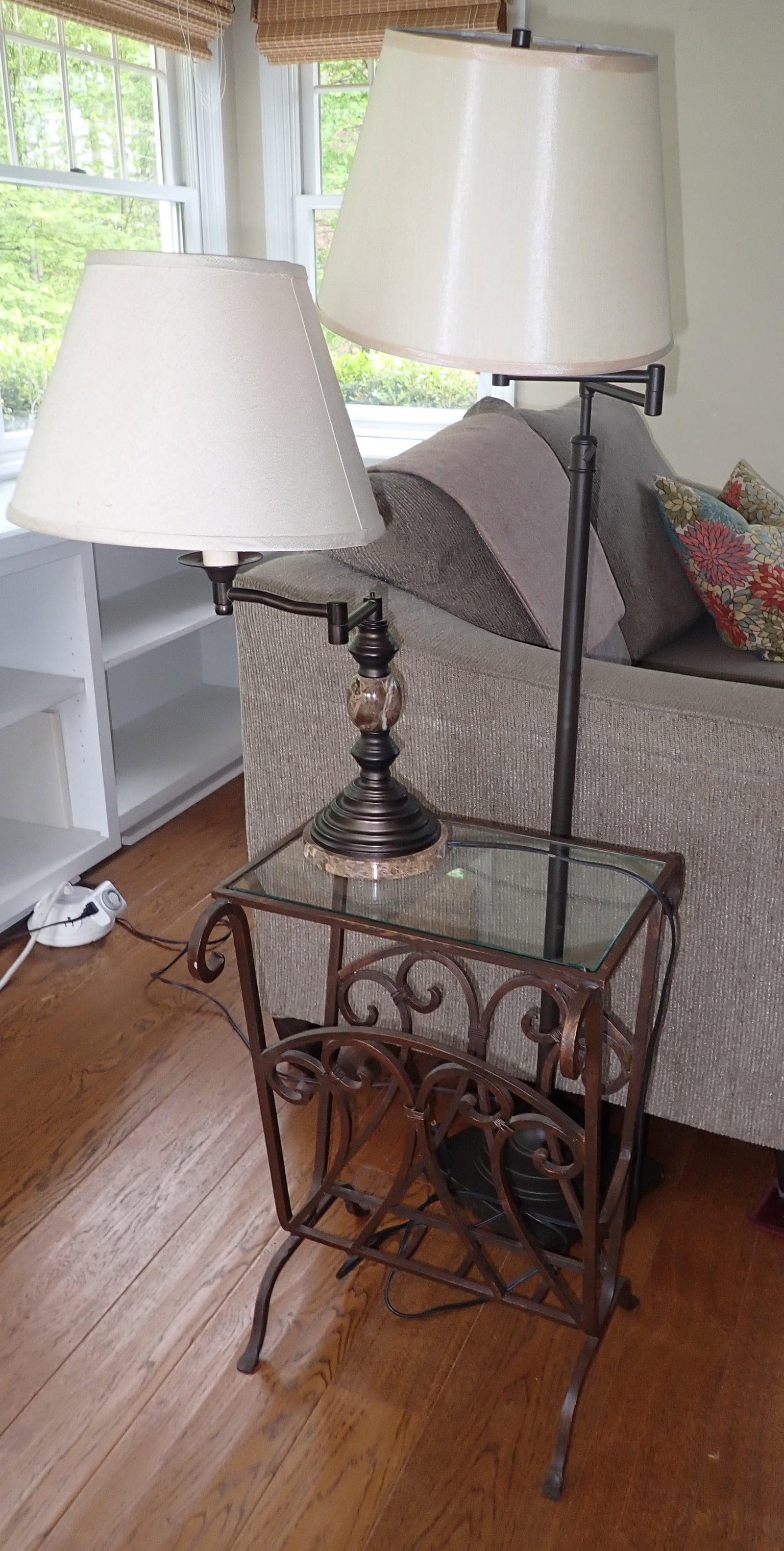 Iron Side Table/Magazine Rack w/ Floor & Table Lamps: Side table is approx 15 1/2" x 15 1/4" x 24" tall. No in house shipping !