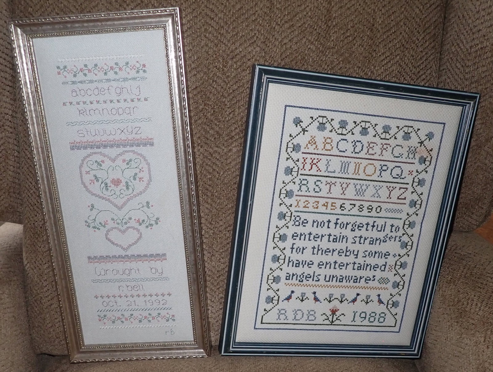 2 Roberta Bell Samplers: Largest is approx 6 7/8" x 15 1/2" and is initialed. Shipping available ($15 handling charge, plus postage)