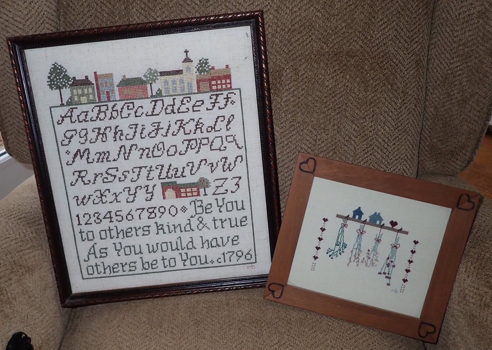 Roberta Bell Sampler & Needlepoint: Wife of Artist Bill Bell. Largest is approx 11 7/8" x 13 3/4". Both are initialed in lower right corner. Shipping available ($15 handling charge, plus postage)