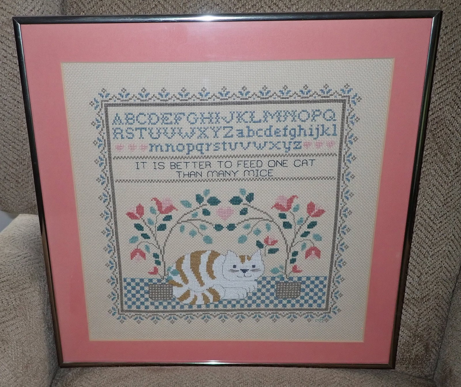 Roberta Bell Cat Sampler: Wife of Artist Bill Bell. Apprx 16 1/4" x. 16 1/4". Shipping available ($20 handling charge, plus postage)