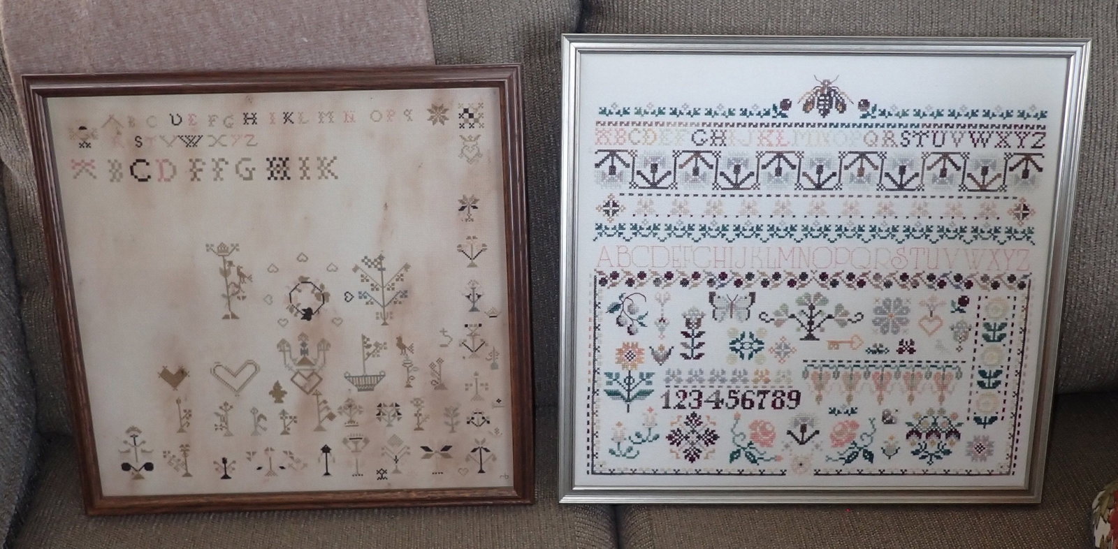 2 Roberta Bell Samplers: Wife of Artist Bill Bell. Largest is apprx 16 1/2" x 17 1/2". Left one is initialed. Shipping available ($20 handling charge, plus postage)