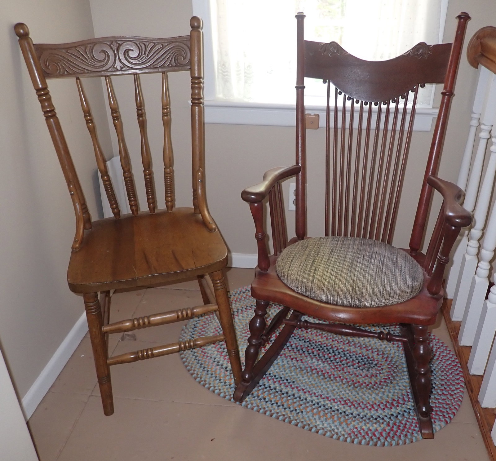 Pressed Back Chair , Spindle Rocker, & Braided Rug: Rocker is approx 21 3/4" wide, 16 1/2" to seat, 18" deep, 38 1/2" tall. No in house shipping ! Buyer to remove from second floor , with tight curved steps ! Do not stratch walls !