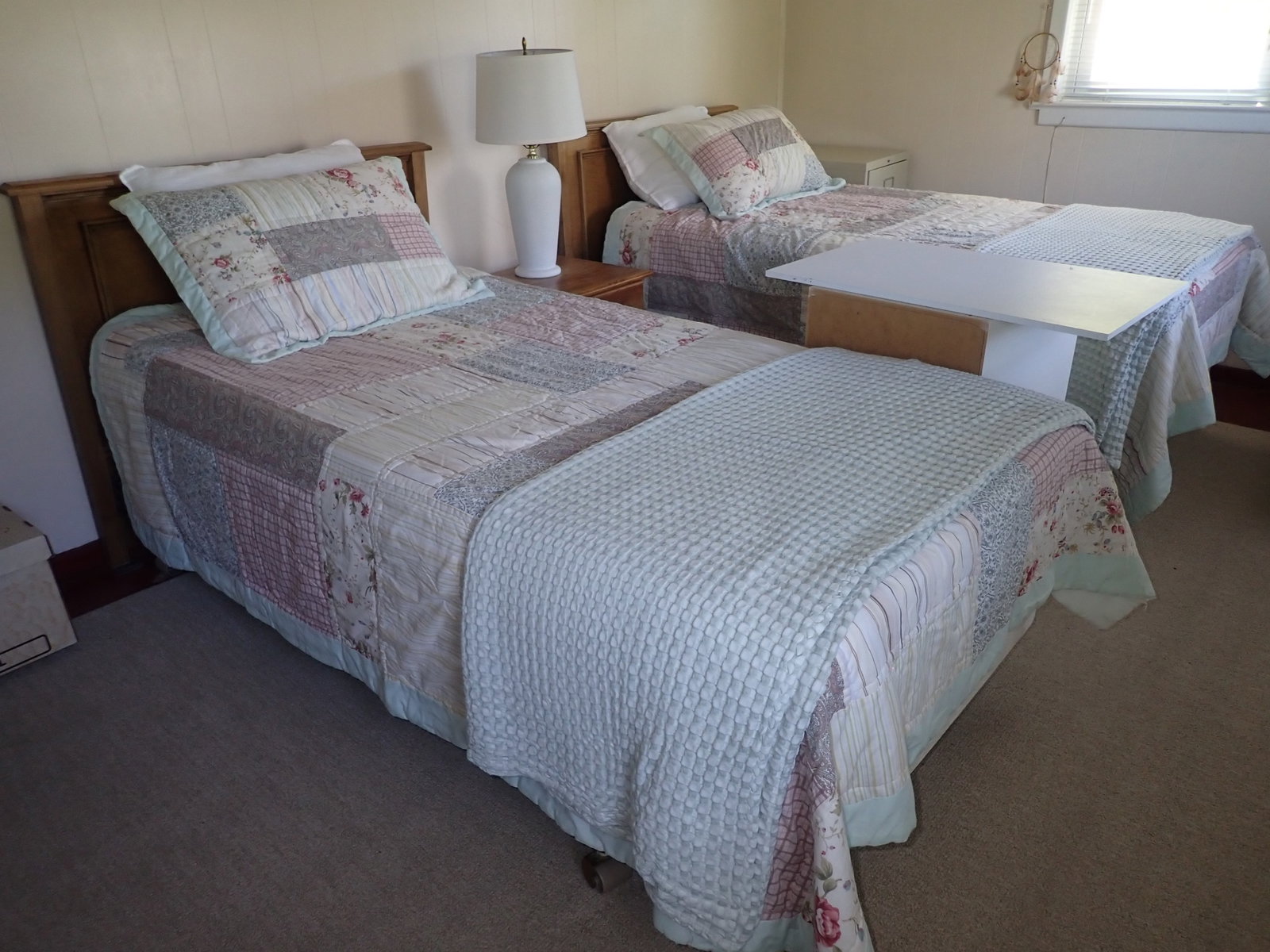 Pair of Twin Beds, Nightstand, Lamp, File Cabinet: Buyer to bring proper help and tools to remove from second floor, with tight curved steps ! No in house shipping ! Take what you want and leave the rest. Do not scratch walls !