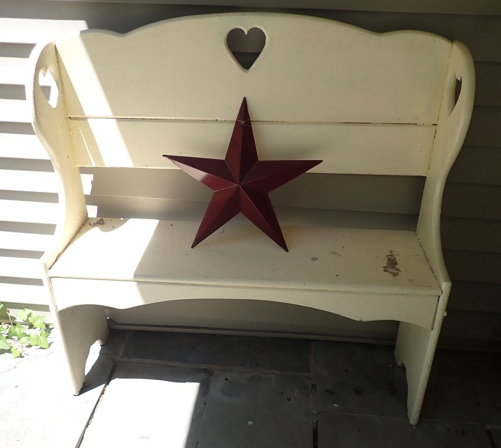 Bench w/ Heart Cutouts & Tin Star: Bench is approx 37 1/2" long, 11 1/4" deep, 17 1/4" to seat, and 37" tall. No in house shipping !