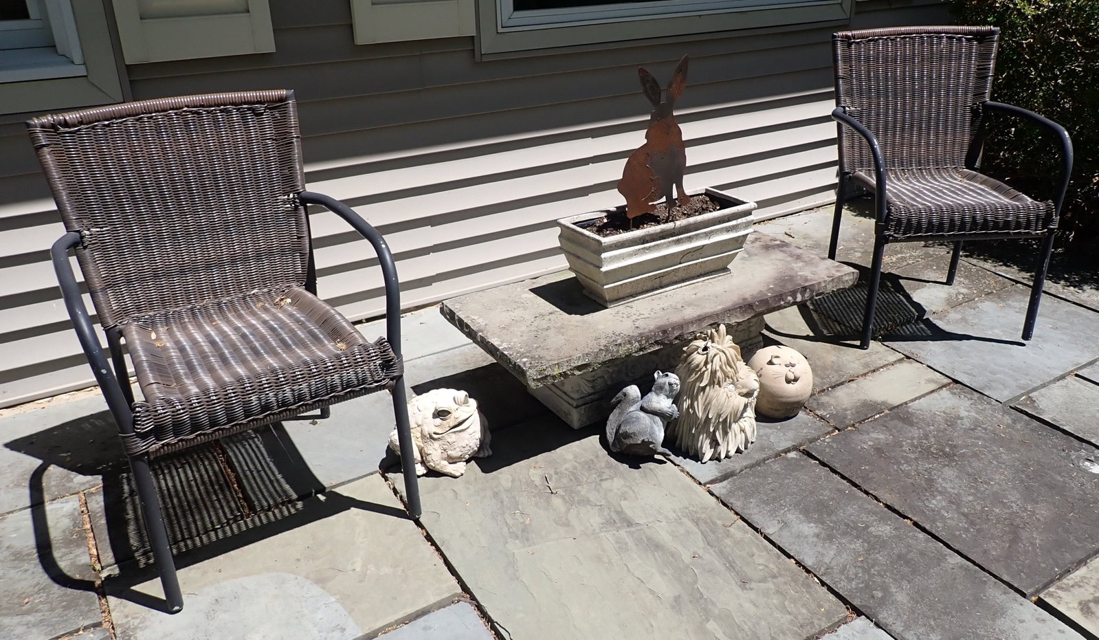 Table w/ Bluestone Top & Concrete Base, Chairs, Planter: Table is approx 18 1/4" x 41 1/2" x 11 1/2" tall. Top is approx 2" thick. Planter is resin. No in house shipping !