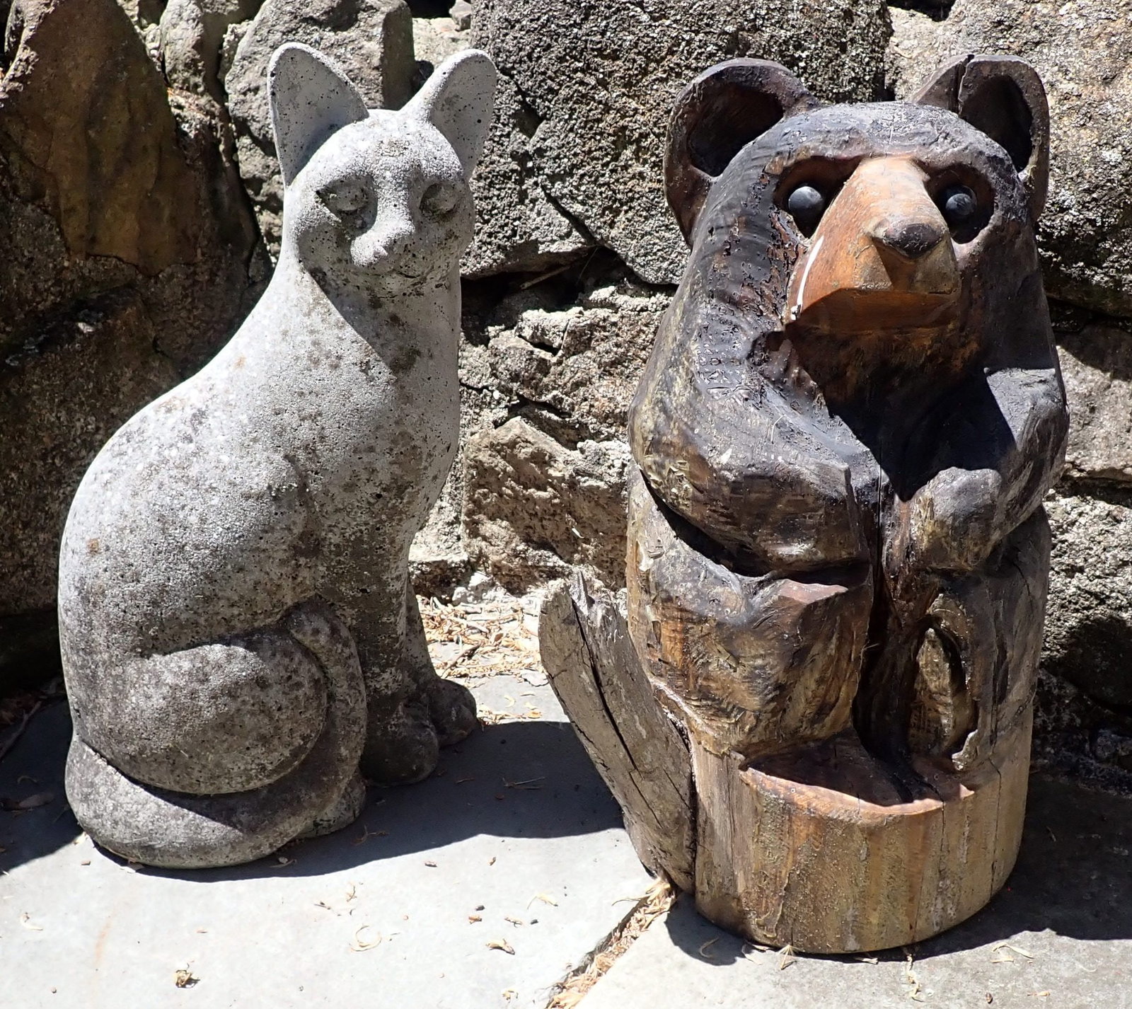 Concrete Cat & Wood Carved Bear: Approx 14 1/4" tall. No in house shipping !